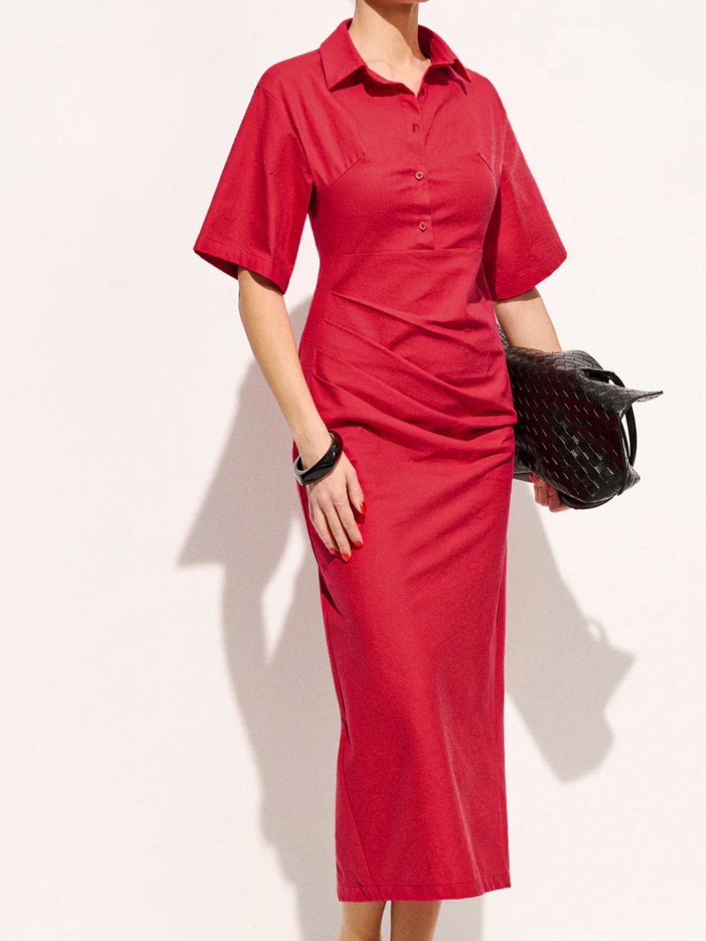Classic Commense Red Collared Women’s Cotton Midi Dress